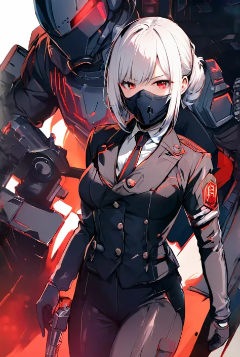 Make a girl who is a special agent, wearing a tactical suit and a helmet with a ballistic mask and that his costume is short and sexy and his white hair, red eyes