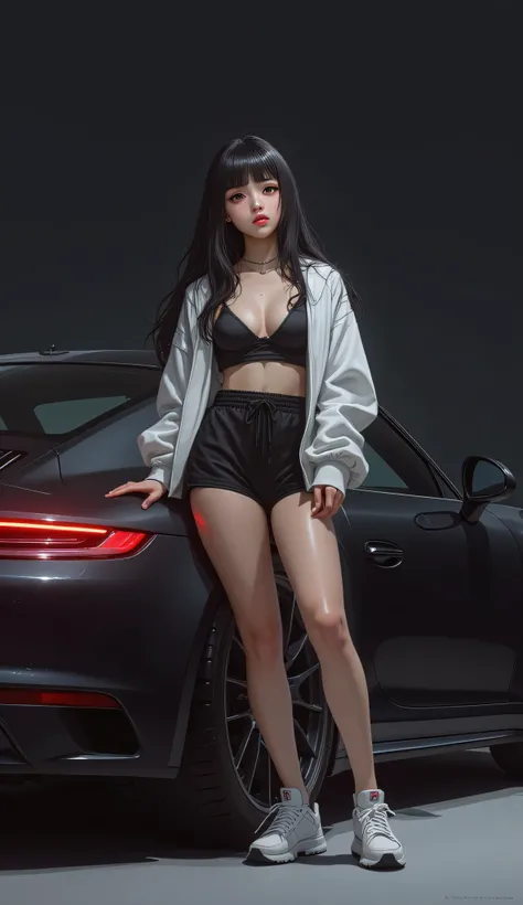 JDM girl , Young,  long black hair,  fair skin,  Asian, bra, short black sports shorts,  white sneakers, white open sweatshirt,  full lips,  head slightly raised upwards , droopy eyes,  Serious expression,  leaning against a 2021 Porsche 911 Carrera s, dar...