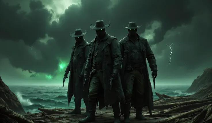 Three men are standing on the wooden wreckage of a ship. They have very long black torn coats. They wear black cowboy hats. Their faces are covered with triangular cloth masks. Their eyes are glowing green. They are holding revolvers in their hands. A blac...