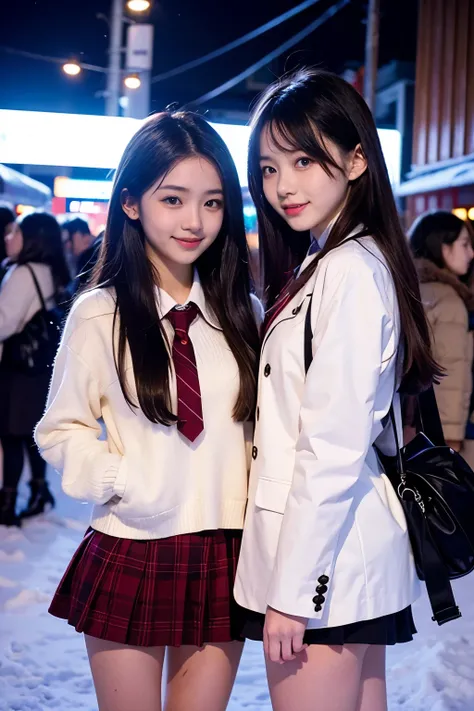 Two girl (20 years old, Japanese pretty face)  are wearing high school uniform with mini skirt at snowy city.