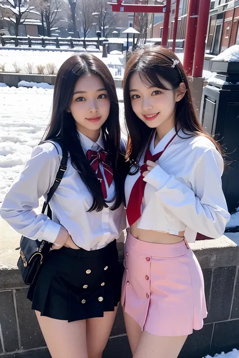 Two girl (20 years old, Japanese pretty face)  are wearing high school uniform with mini skirt at snowy city.