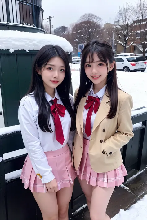 Two girl (20 years old, Japanese pretty face) are wearing high school uniform with mini skirt at snowy city.