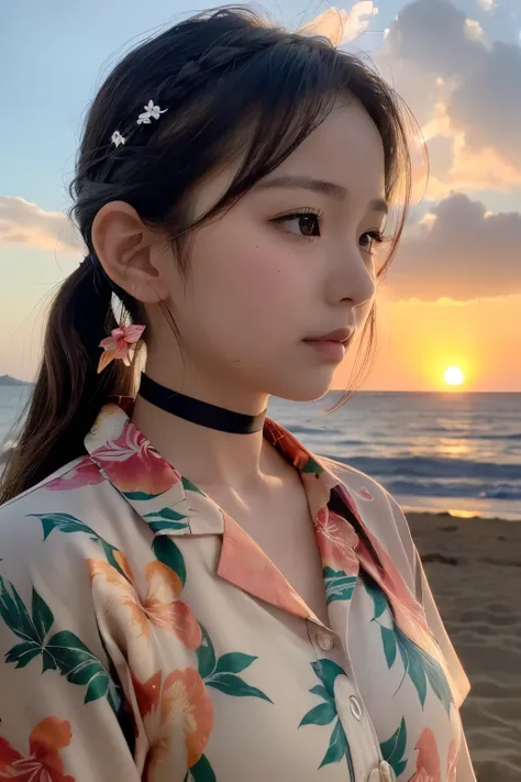 ((( Hawaii Sunset Beach )))、、(Please wear a floral Hawaiian shirt.。..:1.5)、(  natural skin texture with fire all around,  hyperrealism , Soft light,  sharp), ( intricate detail on the edge of the garment:0.9), ( NF.S.W., hyperdetails:1.2), Soft light,  sha...