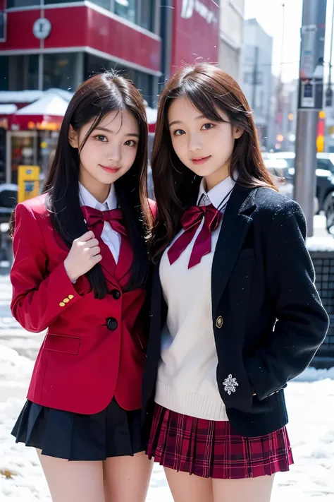 Two girl (20 years old, Japanese pretty face)  are wearing high school uniform with mini skirt at snowy city.