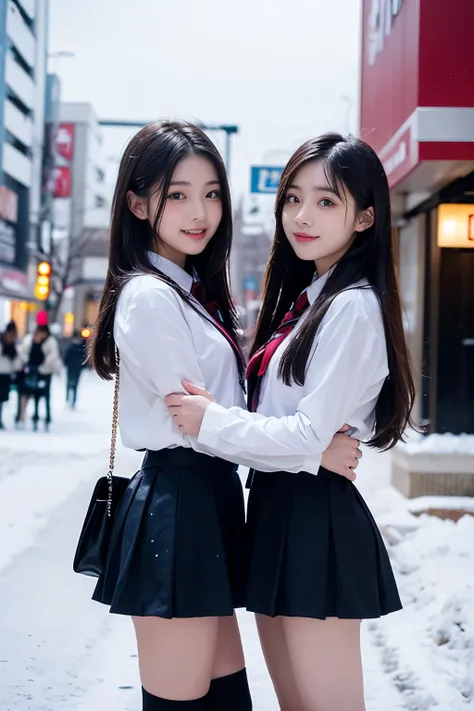Two girl (20 years old, Japanese pretty face) are wearing high school uniform with mini skirt at snowy city.