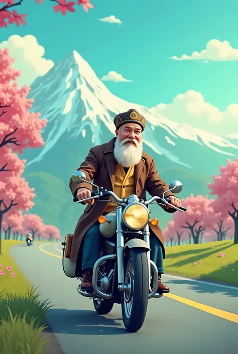 A man on a motorcycle rides on the road.  smiles, he is VERY HAPPY.
 Man old man ,  gray thick beard ,  Central Asian appearance .  He is wearing a Kazakh skullcap ,  Kazakh National Chapan , coat.  Weather is a bright sunny day , spring,  nature blooms . ...