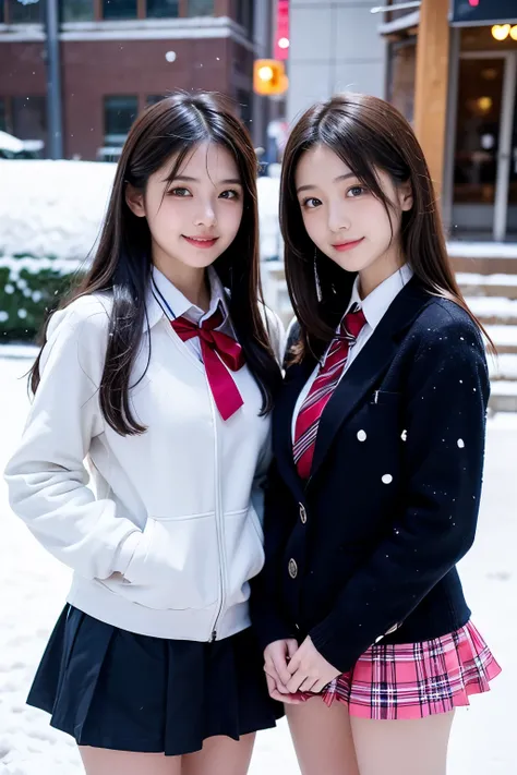 Two girl (20 years old, Japanese pretty face) are wearing high school uniform with mini skirt at snowy city.