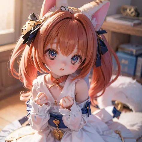              serval catgirl cat ears and tail                        , chubby and            cute ,                cute  ,                 is realistically photographed on white micro material   , 4K,                      crimson hair is so smooth and     ...