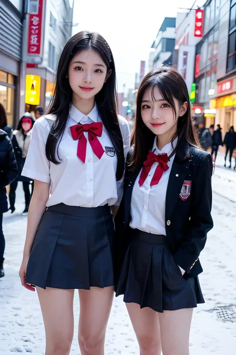Two girl (20 years old, Japanese pretty face) are wearing high school uniform with mini skirt at snowy city.
