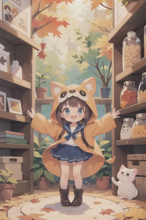 (      top quality  , portable ,      very well detailed ),     girl  ，deer，    ピンクのふわふわのhair \(\),    hair,        short bob cut      ,     Thick eyebrows ，      Long Sleeve Sailor Suit      ，      pleated skirt，      light blue ribbon on the side of the ...