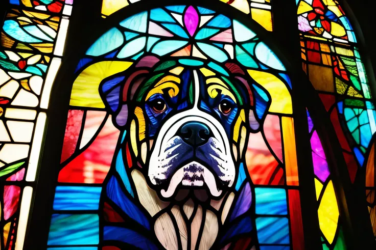  tendglass-style illustration、 stained glass 、 stained glass 風アート、 colorful images ，Sparkling Bulldog