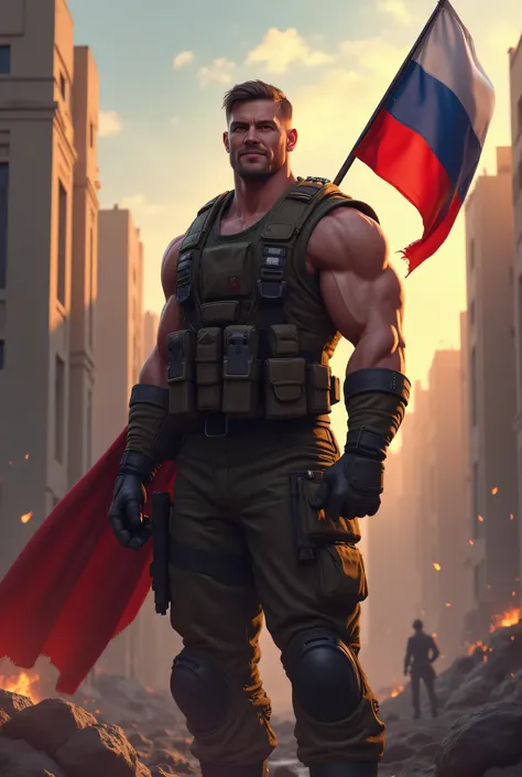 ( Very detailed 8k unity CG wallpaper), ( best illustration), ( is the best shadow),  Realistic lighting,  beautiful detailed glow , a muscular soldier with a Russian flag in his hands stands against the background of destroyed buildings and smiles