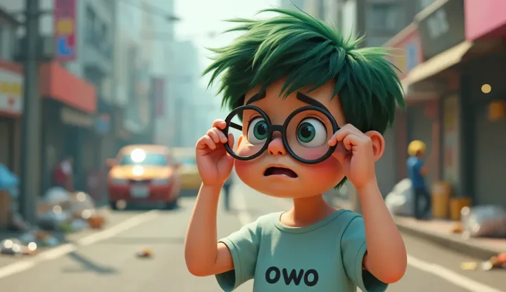 "A close-up of Owo, an  nerdy boy with big round glasses, green hair slightly messy hair, wearing a light blue T-shirt with 'owo' written on it. He is adjusting his glasses with a concerned expression while observing the polluted street. His eyes focus on ...