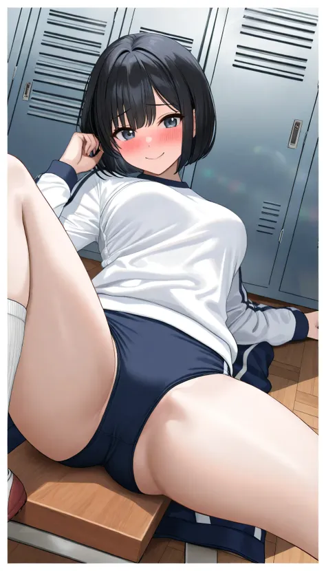 ( girl : 1.3), 1 girl,(White gym clothes, Long Sleeve ,Dark blue buruma,Pure white underwear showing,), black hair, bob cut,smile,blush,Embarrassed,Leg spread,Lying down,locker room, taken from below ,masterpiece, top quality, ultra high definition, rich c...