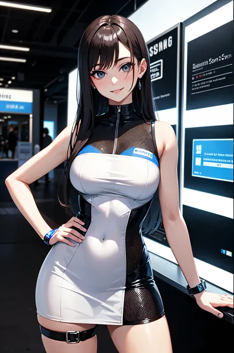 SAMSUNG,Companion,, smile ,sexy pose , A professional trade show model at an exhibition booth, wearing a sleek white sleeveless dress with a modern tech company logo on the chest. She is elegantly posing with one hand on her hip and the other presenting a ...