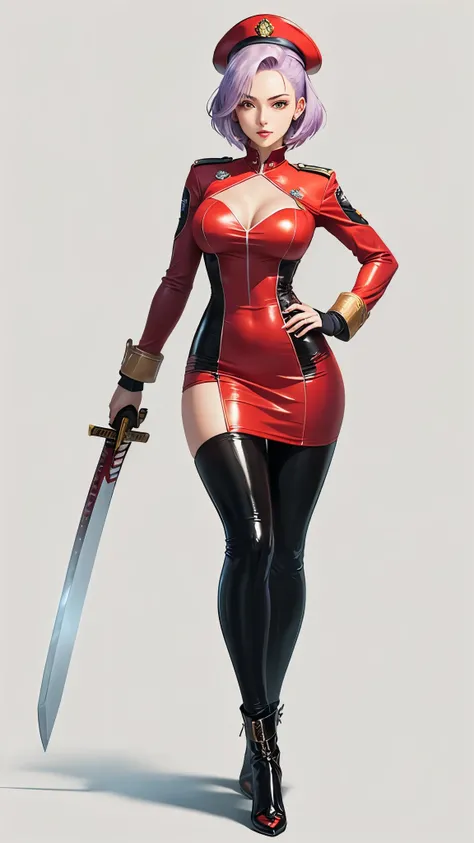 There is a woman in a red dress, Red Uniform,   stands in a silver dress and stands in front of a wall Edward Corbett posing as a woman in a headpiece ,  video game characters, Full body female, katana zero  video game characters, Cammy,   King of Fighters...