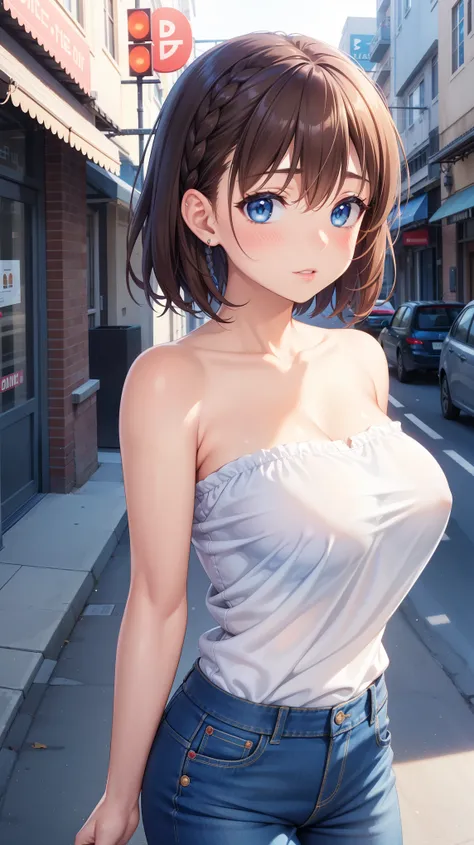 1girl, natural lighting, masterpiece, highly detailed, illustration, game CG, absurdres, high quality, aichan, large breasts, blue eyes, beautiful detailed eyes, short brown hair, side braid, city, street, strapless top, jeans, blush