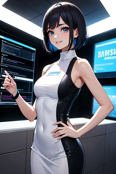 short bob hair, smile,at samsung event,A professional trade show model at an exhibition booth, wearing a sleek white sleeveless dress with a modern tech company logo on the chest. She is elegantly posing with one hand on her hip and the other presenting a ...