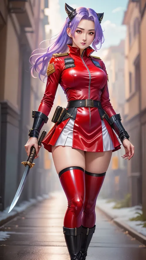  There's a Woman in a Red Dress , Red miniskirt uniform ,   is standing in front of a wall in a silver miniskirt dress Edward Corbett posing as a woman wearing a headpiece miniskirt ,  video game characters, Full body female, katana zero  video game charac...