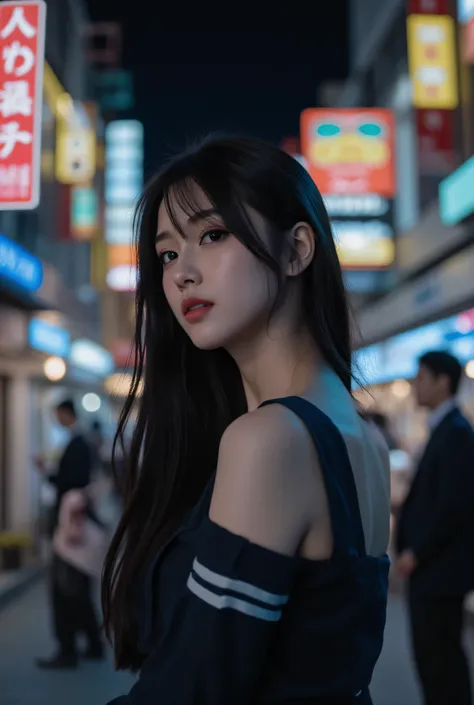 A beautiful woman in gyaru makeup wearing school uniform on the bustling streets of Gintama, surrounded by vendors, beautiful portrait of a stunning goddess girl, beautiful detailed face, porcelain skin, half body shot, centered,(black hai,navel:1.2),((moo...