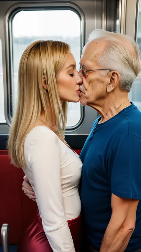 One beautiful blonde russian girl kissing 90-year-old  oldman  ,kissing, liplock kiss, girl is wearing tight dress,in train, 