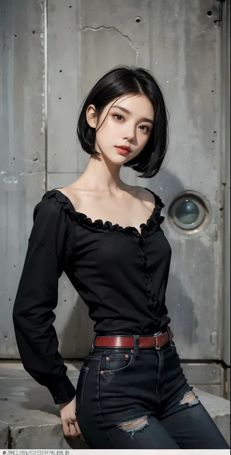   Highest& Masterpiece,Ultra HD 4K, gentle smile、Clear Black Eyes ,(( red rouge on a low stone)),((Black hair straightened slightly disheveled,Short Hair:1.4)),Adult Girl ,black blouse with denim,