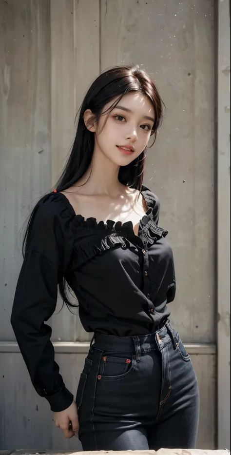   Highest& Masterpiece,Ultra HD 4K,A smile that shows teeth、Clear Black Eyes ,(( red rouge on a low stone)),((Black hair straightened slightly disheveled, MIDDLE HAIR:1.4)),Adult Girl ,black blouse with denim,