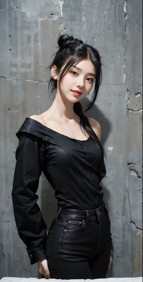   Highest& Masterpiece,Ultra HD 4K,A smile that shows teeth、Clear Black Eyes ,(( red rouge on a low stone)),((black hair straight back bun hair,Shoulder-length hair :1.4)),Adult Girl ,black blouse with denim,