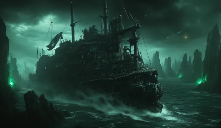 A huge ship. Dreadnought. The black pirate flag. Rainfall. A black sky covered with black clouds. green lightning. The emerald ocean. sharp rocky islands. The horror