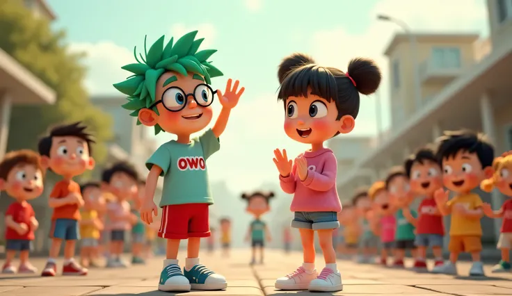 "Owo and Uwu enthusiastically calling their friends to gather. Owo, an  nerdy boy with bright green hair, slightly messy hair and big round glasses, wears a light blue T-shirt with 'owo' written in red font, red shorts pants, and blue sneakers. He raises o...