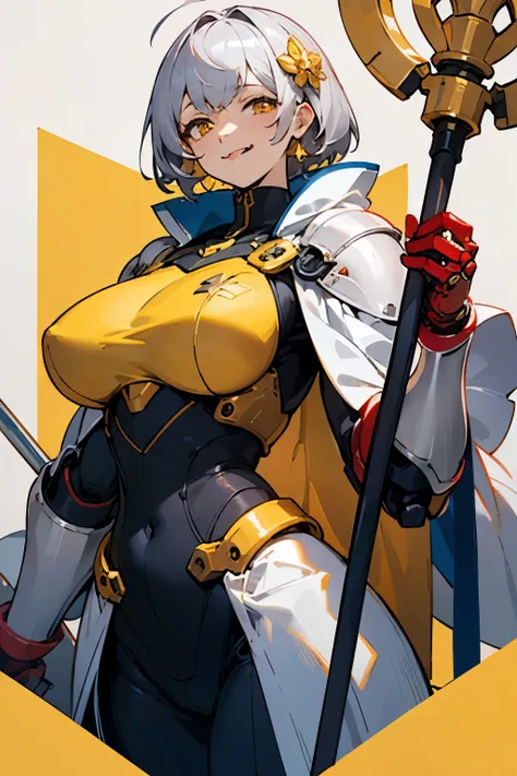  Masterpiece、 top quality、solo、Older sister、 Super Big Breasts 、mechanical yellow and red combat suit、 white cloak、Red Arm Armor、Big body、
 the wizard、 mature face、yellow cane 、
 hair ornament、 shortcuts,  Silver Hair,  smiles, 
tongue,  golden eyes, Tired...