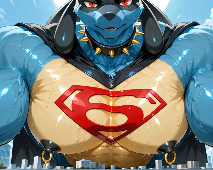 kemono, by null-ghost, by zixiong, solo, male, tail, Lucario, anthro, black nipples, big nipples, gold nipple rings, sweaty, handsome, broad shoulders, broad chest, huge muscular, posing, thick neck, thick arms, pectorals crushing city, bedroom eyes, looki...