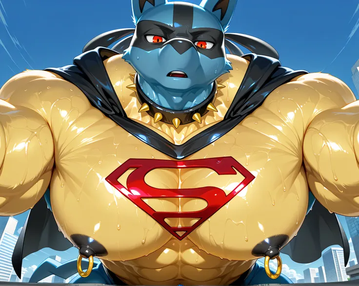 kemono, by null-ghost, by zixiong, solo, male, tail, Lucario, anthro, black nipples, big nipples, gold nipple rings, sweaty, handsome, broad shoulders, broad chest, huge muscular, posing, thick neck, thick arms, pectorals crushing city, bedroom eyes, looki...