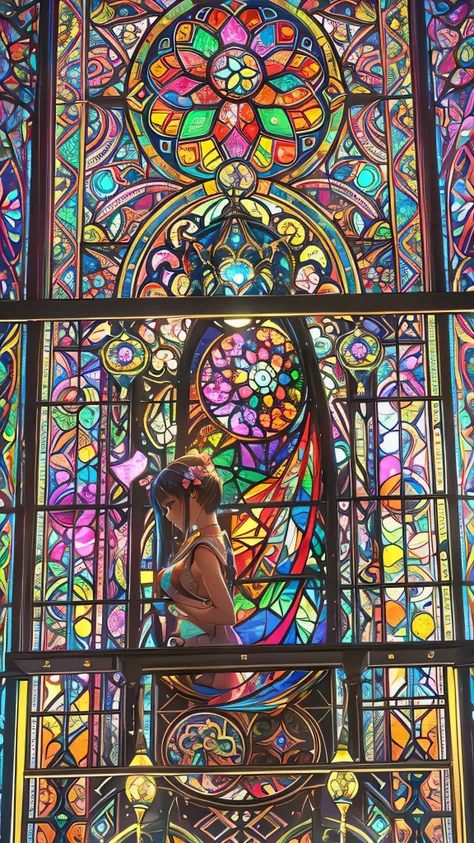 ( masterpiece,  top quality,  top quality, Official Art,  beautiful and aesthetic:1.2),( 1 girl:1.3),  1 girl BREAK stained glass art, Colored Glass, Laser beam, Light transmission glass is big 、  vibrant colors,  intricate design , Glowing effect,  Spirit...