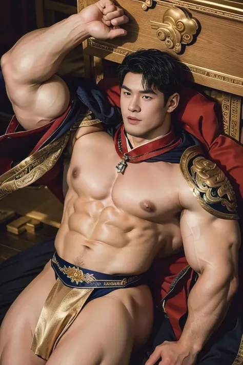 A strikingly handsome 18-year-old Chinese emperor with a face of unparalleled beauty, possessing an incredibly muscular and Hulk-like physique. His legs are especially emphasized, with massive, muscular thighs and calves, covered in prominent veins and mus...