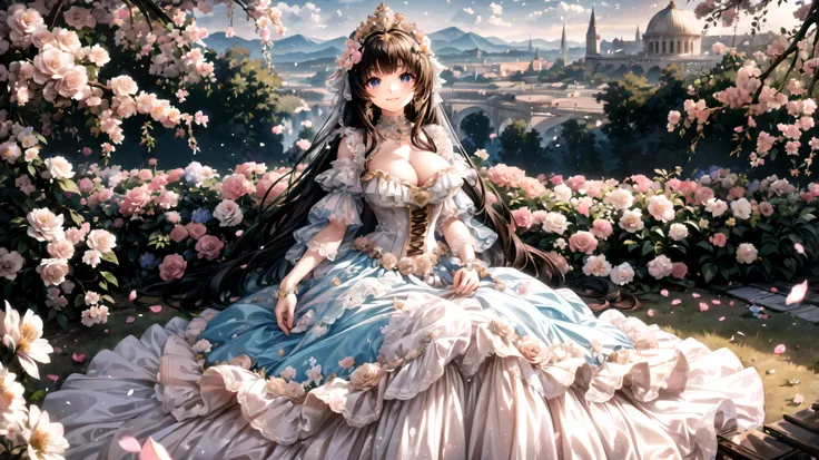  solo princess ,  ,  floral crinoline hoop skirt, petticoat dress,  corsets, Retroドレス, huge breasts, hyper detailed beautiful eyes,  tiara ,  fluffy,  Gold, hyper detail face, ((Smile)),  light particles, Retro, ((On the Hill)), Surrounded by flowers, (Flo...