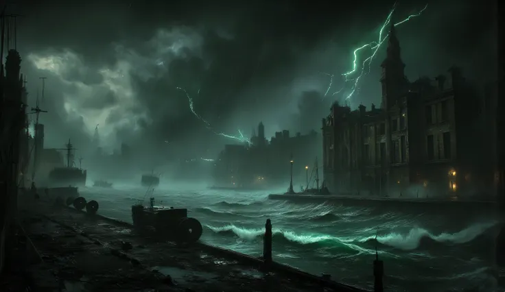 Port. twentieth century London. Rainfall. A black sky covered with black clouds. green lightning. The emerald ocean. horror