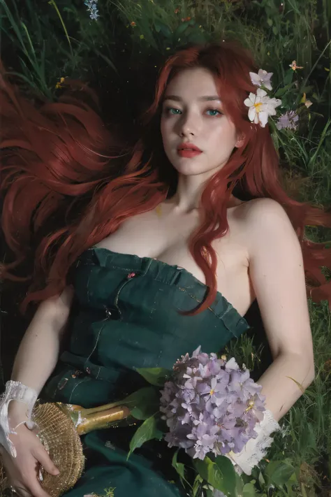 (oil painting:1.5),
\\
a woman with (red long curtly hair ), ((green eyes)) and  flowers in her hair is laying down in a field of lilac flowers, (amy sol:0.248), (stanley artgerm lau:0.106), (a detailed painting:0.353), (gothic art:0.106)