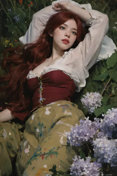 (oil painting:1.5),
\\
a woman with (red long curtly hair ), ((green eyes)) and  flowers in her hair is laying down in a field of lilac flowers, (amy sol:0.248), (stanley artgerm lau:0.106), (a detailed painting:0.353), (gothic art:0.106)