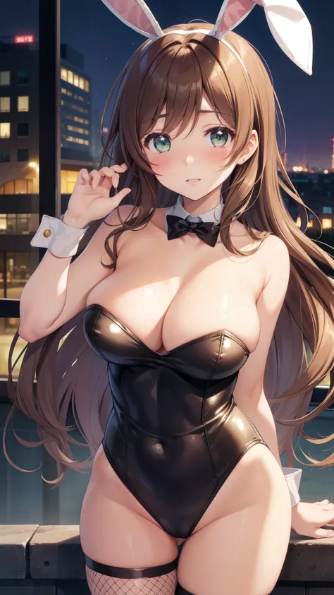 nozomitoujou, nozomi toujou, green eyes, beautiful detailed eyes, brown hair, curly hair, large breasts, masterpiece, best quality, high resolution, detailed CG, messy hair, blushing, glossy lips, city street, night, bunny ears, strapless leotard, detached...