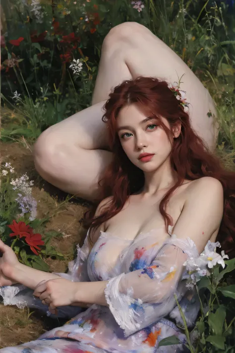 (oil painting:1.5),
\\
a woman with (red long curtly hair ), ((green eyes)) and lily flowers in her hair is laying down in a field of lilac flowers, (amy sol:0.248), nude , with red dress,  (stanley artgerm lau:0.106), (a detailed painting:0.353), (gothic ...