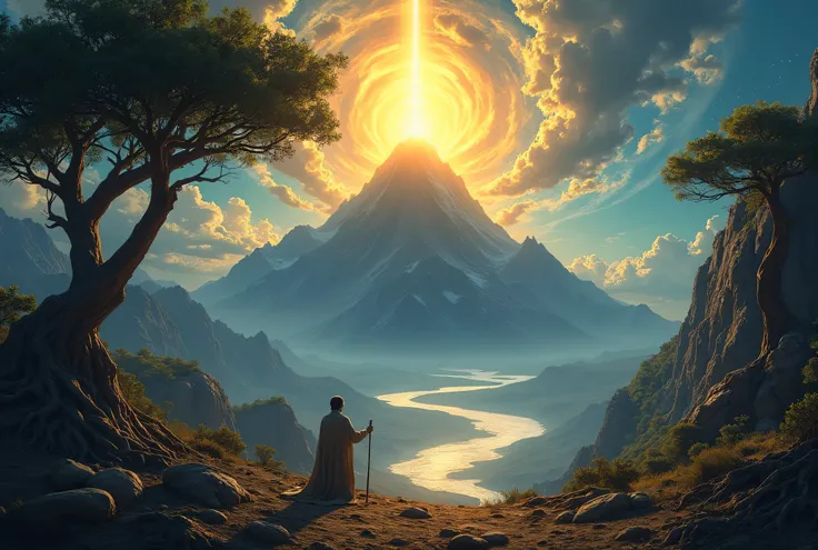 A grand and towering mountain enveloped in a majestic glow, symbolizing the divine presence as a prophet speaks directly to Allah (SWT). The peak of the mountain is illuminated with a radiant, otherworldly light, with golden and bluish ethereal rays descen...