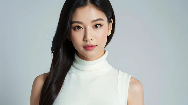 ((best quality, 8k, masterpiece:1.3)), Beautiful lady with Perfect Figure, Vivid, white modern sleeveless turtleneck,long black hair,white background,((detailed face)),BRIGHT,
