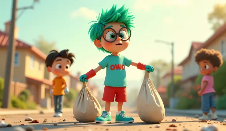 "Owo, an  nerdy boy with bright green hair and big round glasses, wearing a light blue T-shirt with 'owo' written in red font, red shorts pants, and blue sneakers, puts on a pair of cleaning gloves and holds a large trash bag. His expression is determined ...