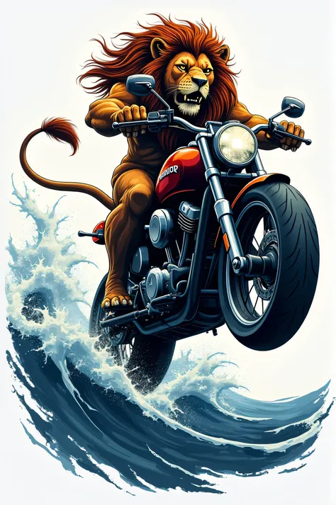 Logo of a Lion jumping over the sea riding a motorcycle transparent background