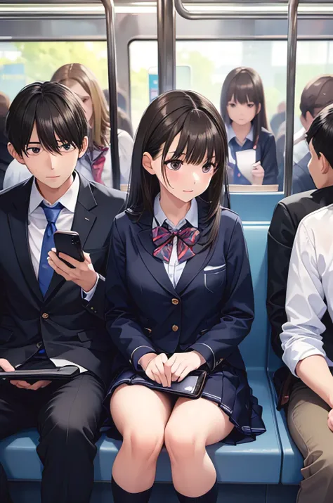  highly detailed faces, a woman and man on the subway looking at cell phones that might not belong to them,  1girl , phone, cellphone, Bag , black hair, 1boy , sitting, smartphone, school uniform, skirt, long hair, socks, ground vehicle, train interior