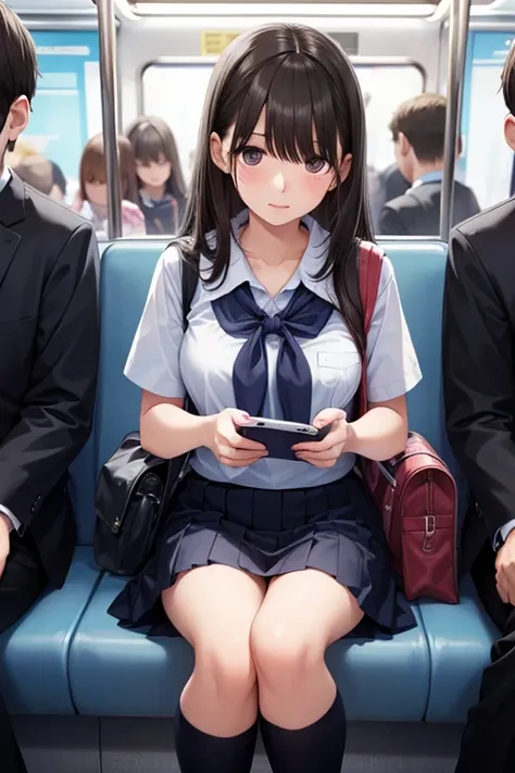  highly detailed faces, a woman and man on the subway looking at cell phones that might not belong to them,  1girl , phone, cellphone, Bag , black hair, 1boy , sitting, smartphone, school uniform, skirt, long hair, socks, ground vehicle, train interior