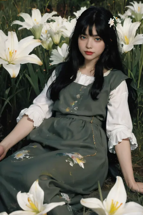 (oil painting:1.5),
\\
a woman with (black long hair with flat bangs), ((green eyes)) and lily flowers in her hair is laying down in a field of white lily flowers, (amy sol:0.248), (stanley artgerm lau:0.106), (a detailed painting:0.353), (gothic art:0.106...