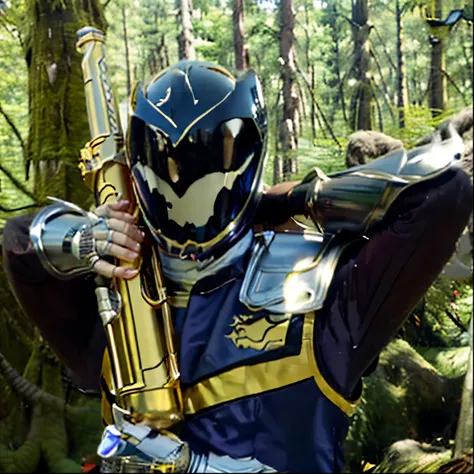 Navy and green-colored ( arms are greasy, and the rest are mostly navy ) armor in a lush, mystical forest, 、 creates an adventurous atmosphere 。 has silver accents, 、 and dinosaur emblem drawn on the chest 。 warriors have weapons like gold flutes 、 playing...