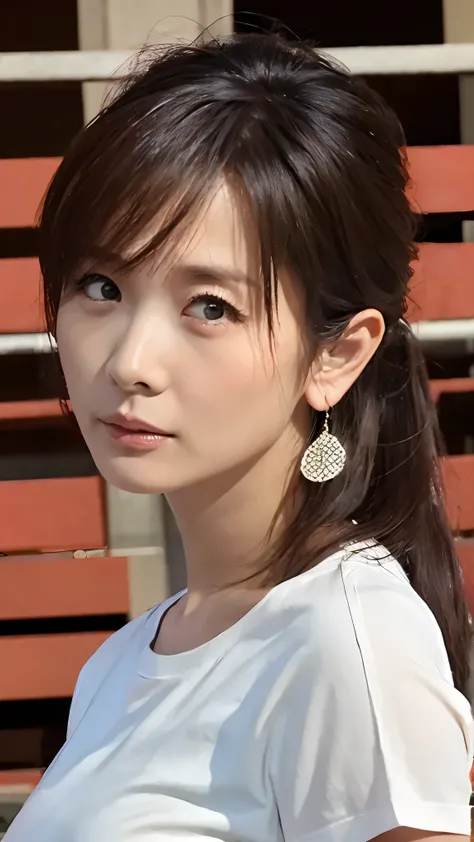 serious expression、 perfect fingertips, please raise your arms 、 random pose、( big breasted)、Shabby White T shirt、 high res, high quality, 最 high quality, very detailed, by Nomi, 8k, RAW Photo, 最 high quality, The appeal of masterpieces , wonderfu...